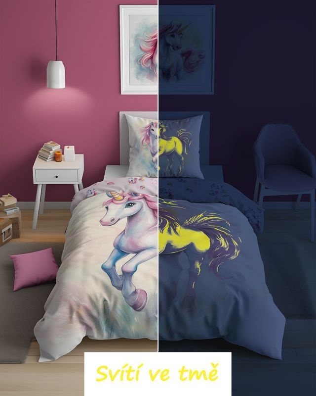 Kouzelné svítící povlečení pro děti s motivem Jednorožce v pastelových barvách 140x200 cm + 70x80 cm
