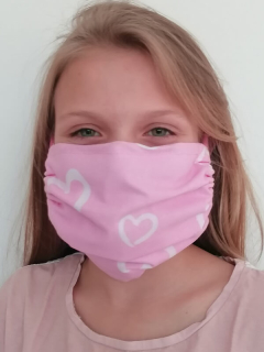 Bavlněná rouška SRDÍČKA RŮŽOVÁ s kapsou na filtr a drátkem na nos